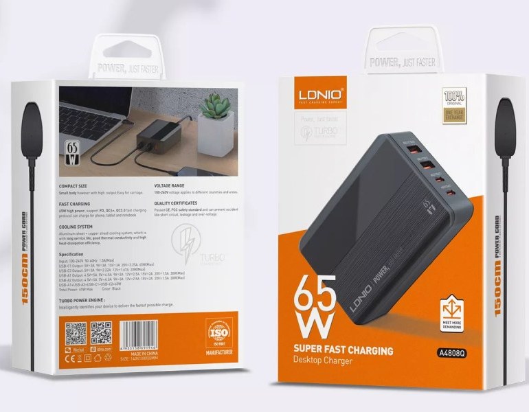 شارژر رومیزی 65وات سوپرفست شارژ الدینیو مدل A4808Q